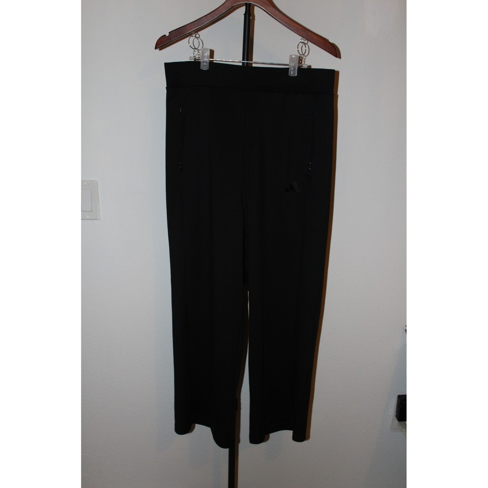 Adidas Women's Black Wide Leg High Rise Track Pants Size L Zip Pockets‎